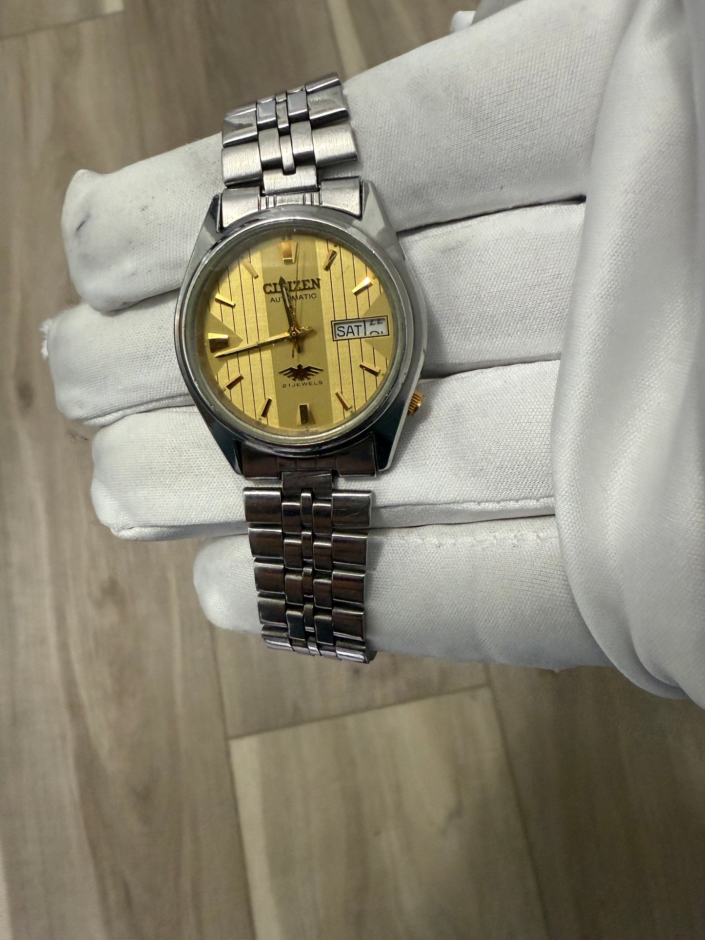 Vintage citizen eagle 7 Automatic Day-Date Golden Dial SS Men’s Wristwatch 32 mm