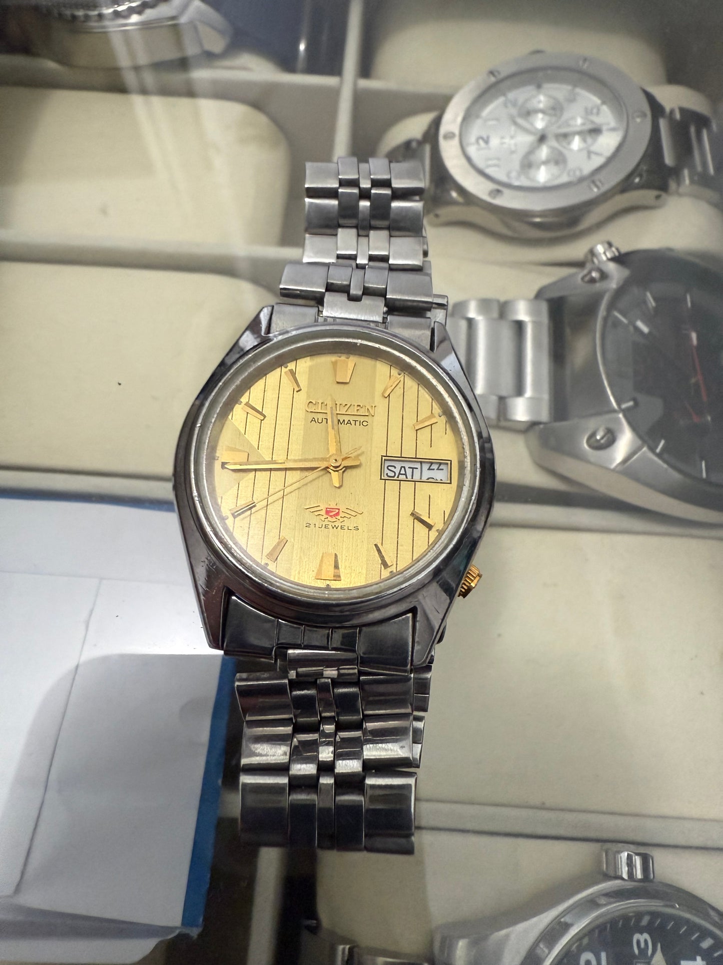 Vintage citizen eagle 7 Automatic Day-Date Golden Dial SS Men’s Wristwatch 32 mm